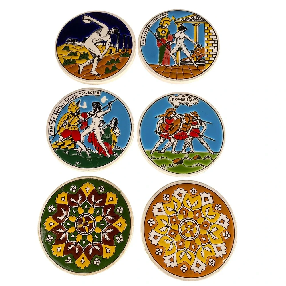 Michalios Ceramic Hellas Greek Mythology Handmade Coasters Set of‎ 6 Greece F72Q